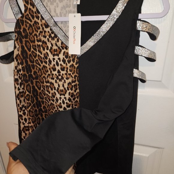 OC Order Plus Large open shoulder black & cheetah print Shirt Blouse NWT - Picture 9 of 14